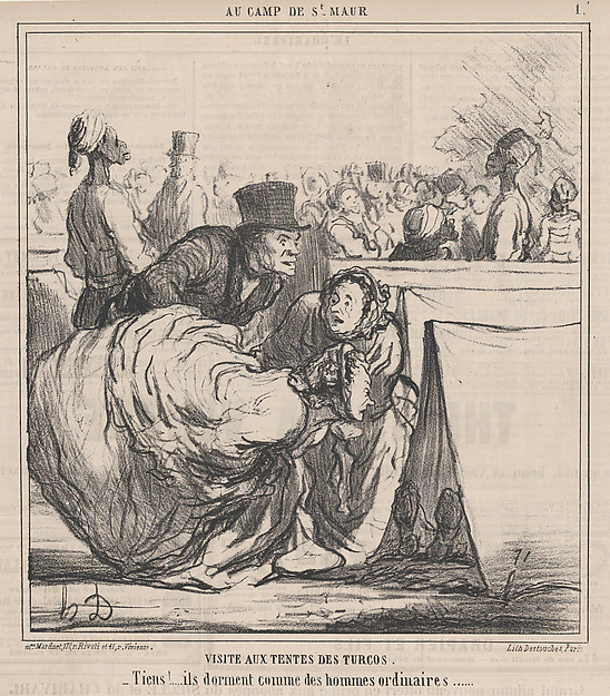 Honoré Daumier, Visite aux Tentes des Turcos...., from Au Camp de Saint-Maur, published in Le Charivari, August 13, 1859