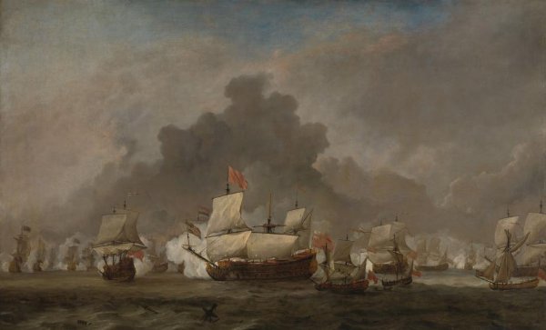 Willem van de Velde (II), "Naval Battle between Michiel Adriaenszoon de Ruyter and the Duke of York on the ""Royal Prince"" during the Battle of Solebay, 7 June 1672:  episode from the Third Anglo-Dutch War"