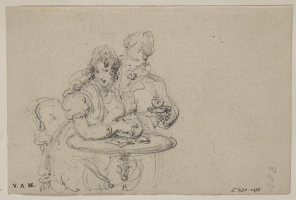 George Chinnery, A Western couple at a table; on the back, a young Western woman drawing flowers