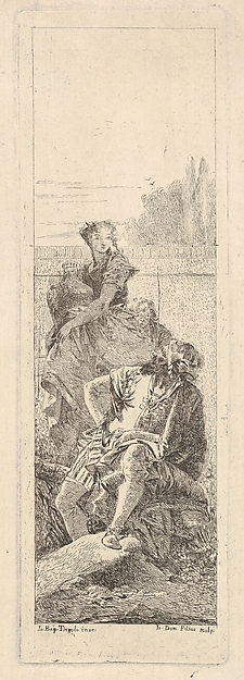 Giovanni Domenico Tiepolo, A bearded, seated man looks over his right shoulder toward a child and woman bearing a vessel, possibly a variation on a theme of Armida and Adraste from "Jerusalem delivered" (Gerusalemme liberata)