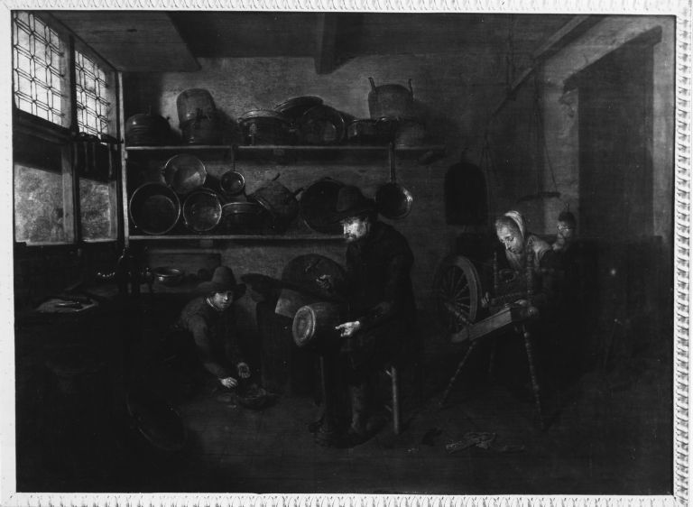 Quirijn van Brekelenkam, Copper smith and woman spinning in a workshop