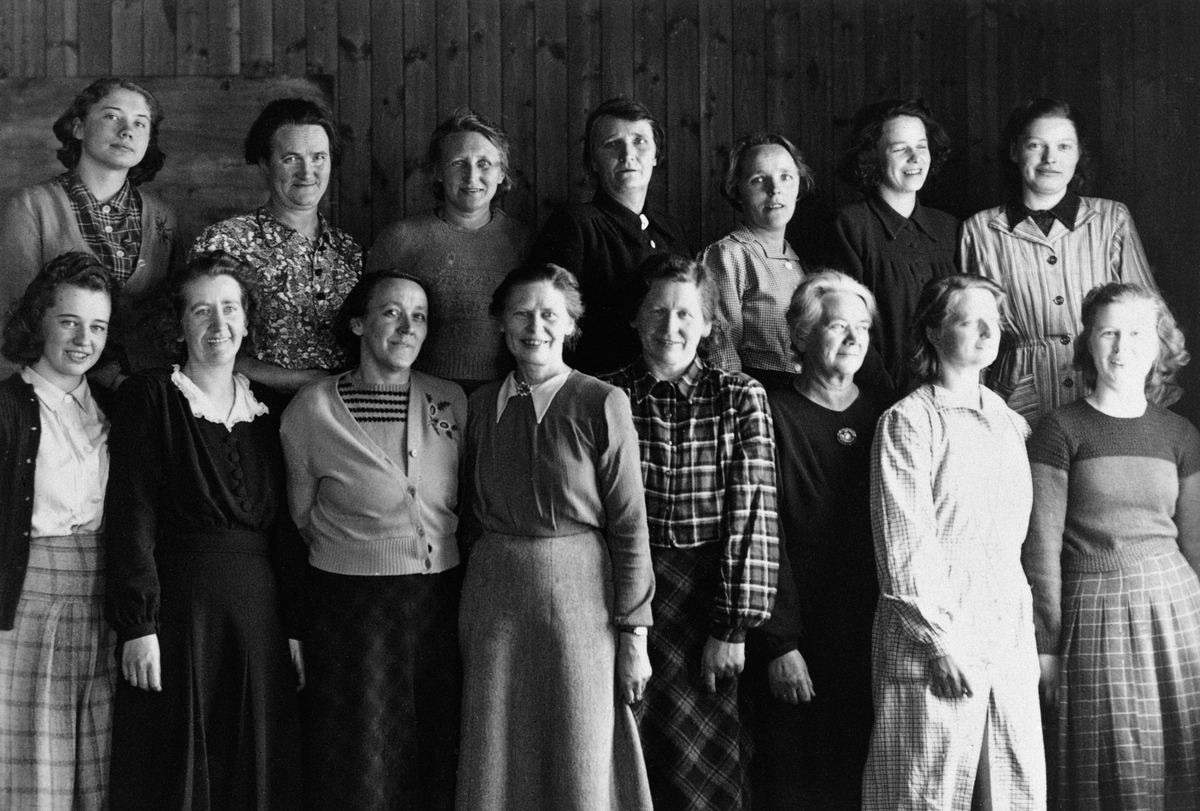 Anno Domkirkeodden, GRUPPE 15 KVINNER. VEVKURS PÅ HÅGENRUD SKOLE VINTEREN 1951. LÆRERINNE VAR INGER HEKNEBY. 1 REKKE F. V. BERIT MYRVOLD, INGER ENGESKAUG, MARIT EVENRUD, INGER HEKNEBY, BERTHE JØLSTAD, MARIT SÆTHER, INGER MÆHLUM OG ODDRUN JOHANSEN. 2 REKKE FRA VENSTRE MARTHE BÆKKEN, JOHANNE FRYDENLUND, SONJA KALSVEEN, …