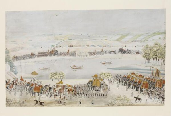 Unknown, The royal procession of Shah Alam II with his army processing from right to left along the banks of a river.