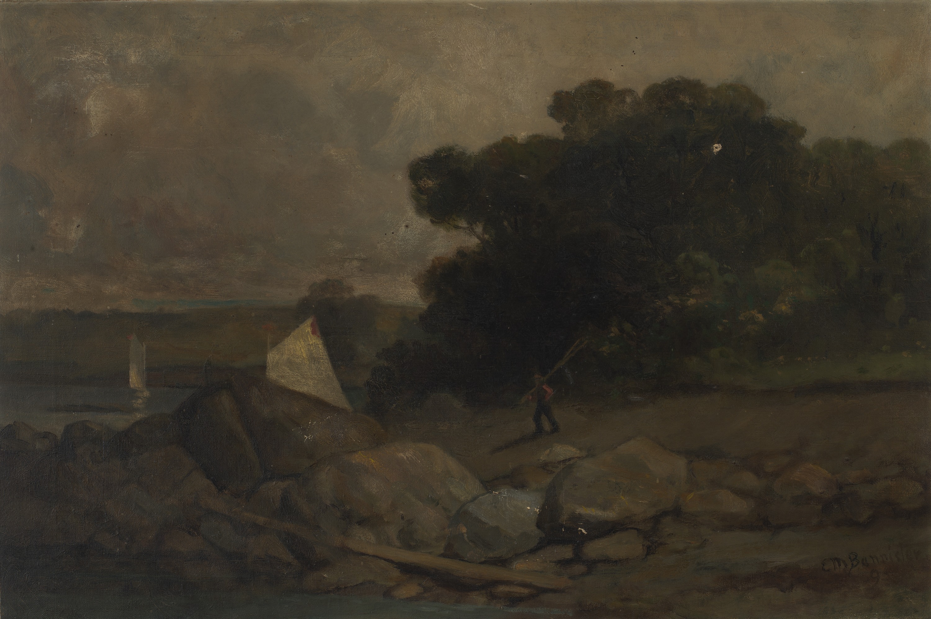 Edward Mitchell Bannister, Untitled (landscape with rocks, man and sailboats)