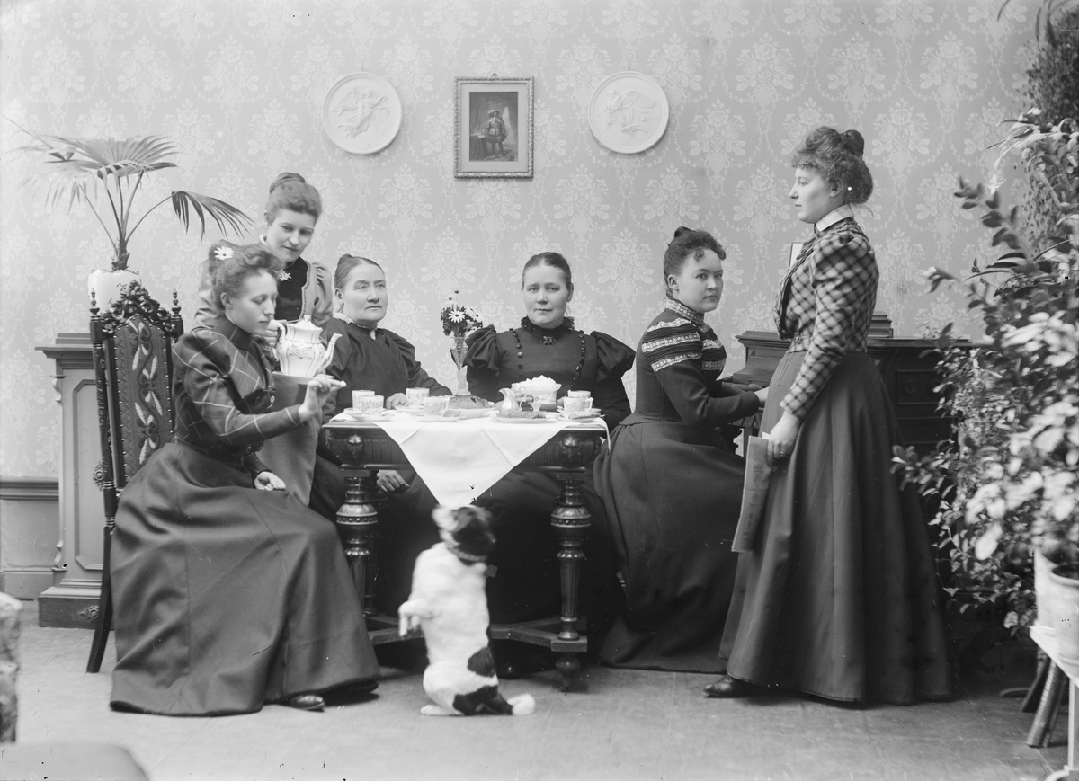 Henri Osti's Fotografiateliér, Ateljéporträtt - kvinnor runt kaffebord, Uppsala 1899