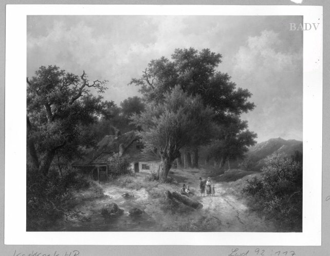 Barend Cornelis Koekkoek, forest-scenery with figures + watermill