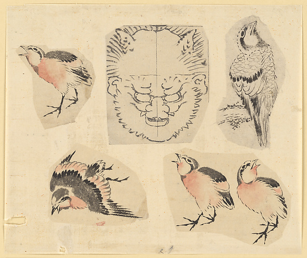 Katsushika Hokusai, Four sketches of birds and one design for a grotesque mask, mounted together