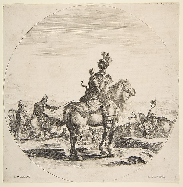 Stefano della Bella, Polish horseman with a bow and arrow, seen from behind with his horse facing right, a circular composition, from 'Figures on Horseback' (Cavaliers nègres, polonais et hongrois)