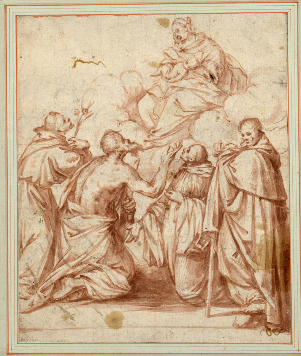 Anonym, Die Madonna auf Wolken sitzend, das Kind auf ihrem Schoß, erscheint Antonius, Bartholomäus und zwei weiteren Heiligen