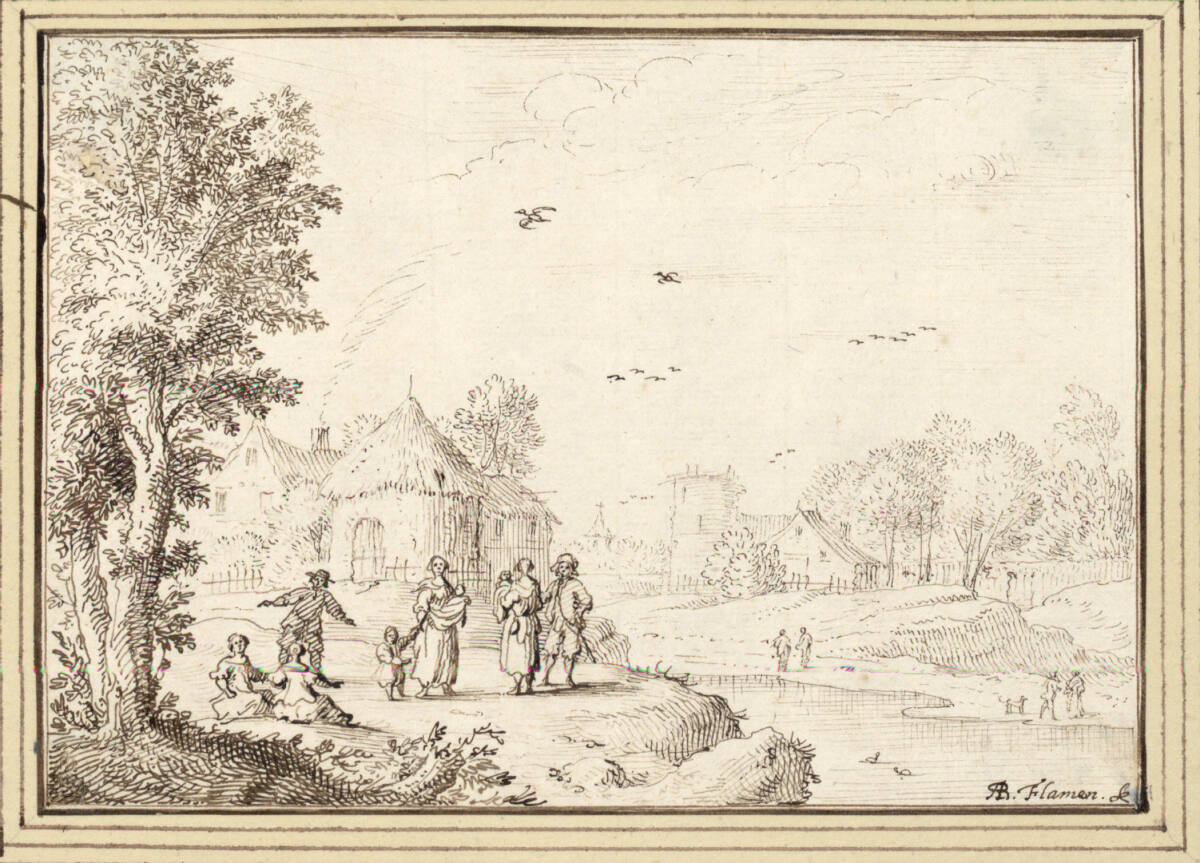 AlbertFlamen, Flußlandschaft mit Frauen, Kindern und Männern vor einem Dorf (II-14)