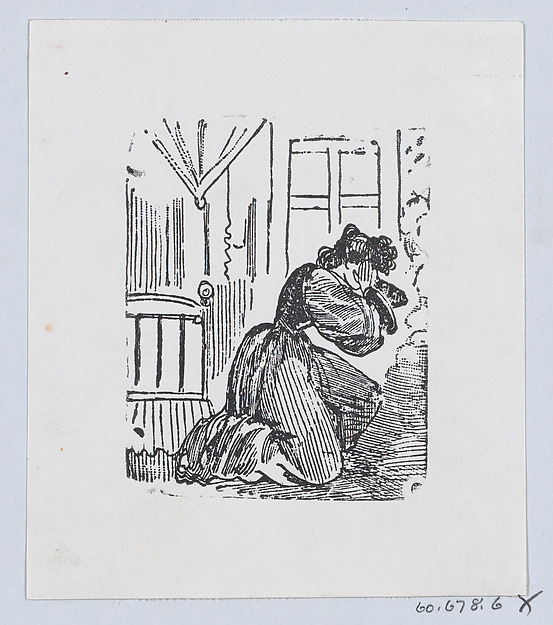 José Guadalupe Posada, A woman in her bedroom kneeling on the floor with her hands raised to her head