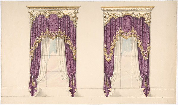 Anonymous, British, 19th century, Design for Purple Curtains with Gold Fringes and a Gold and White Pediment