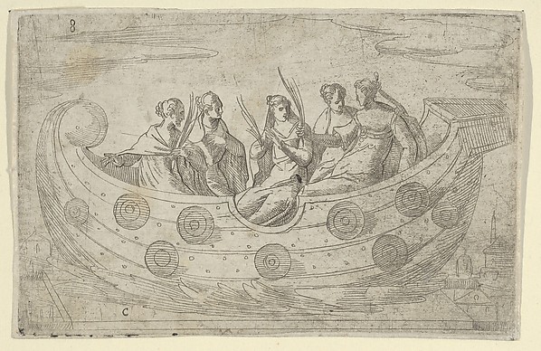 Anonymous, Italian, 16th century, Five women in a boat, holding palm leaves