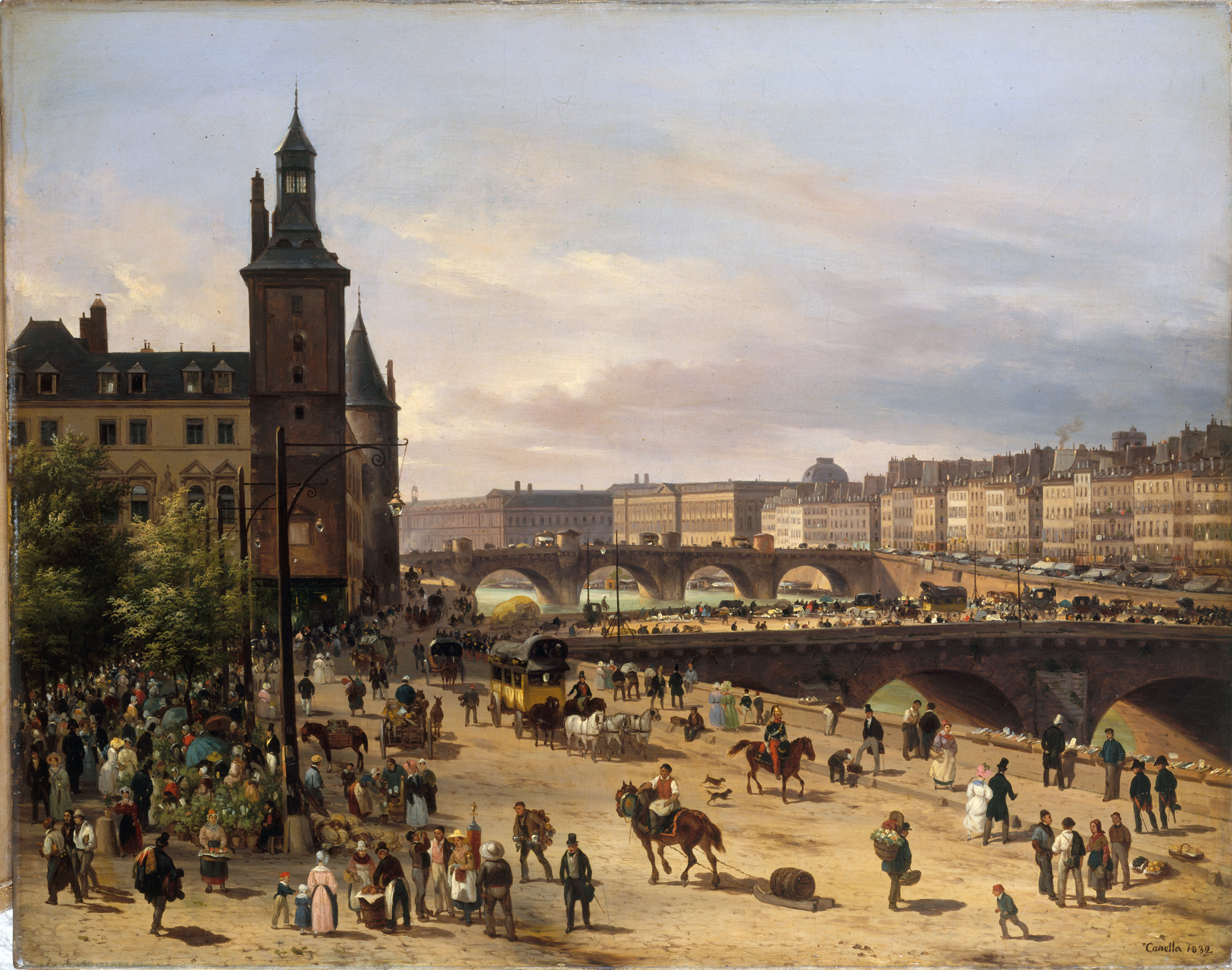 Giuseppe Canella, Le marché aux fleurs, la Tour de l'Horloge, le Pont au Change et le Pont-Neuf