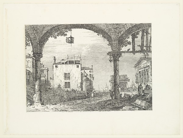 Canaletto (Giovanni Antonio Canal), A three-arched portico with an open lantern hanging at center, a triumphal arch and ruins of a classical temple in the background, from "Views" (Vedute altre prese da i luoghi altre ideate da Antonio Canal)