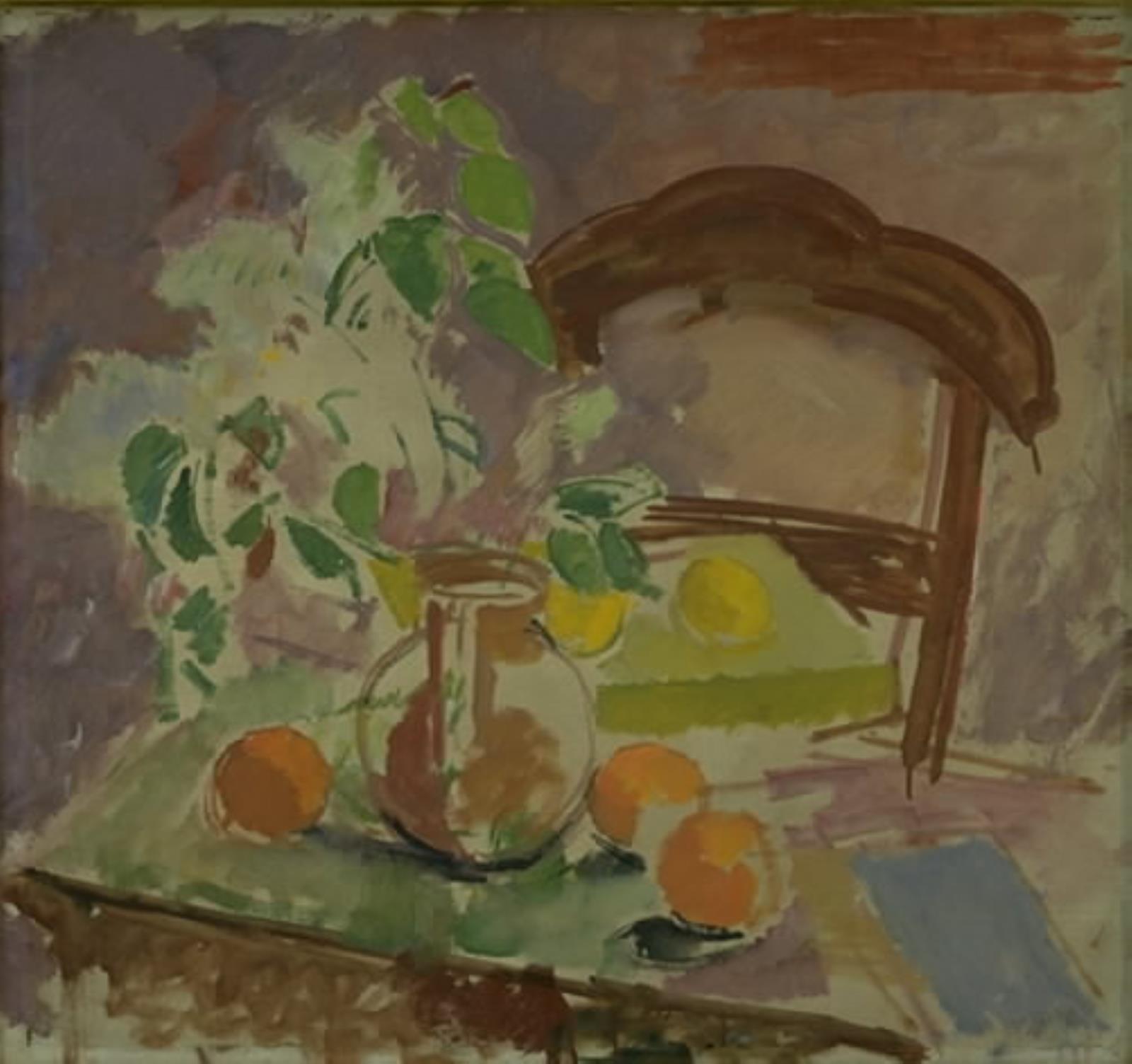 Karl Isakson, Nature morte med blommor, frukter och stolsrygg
