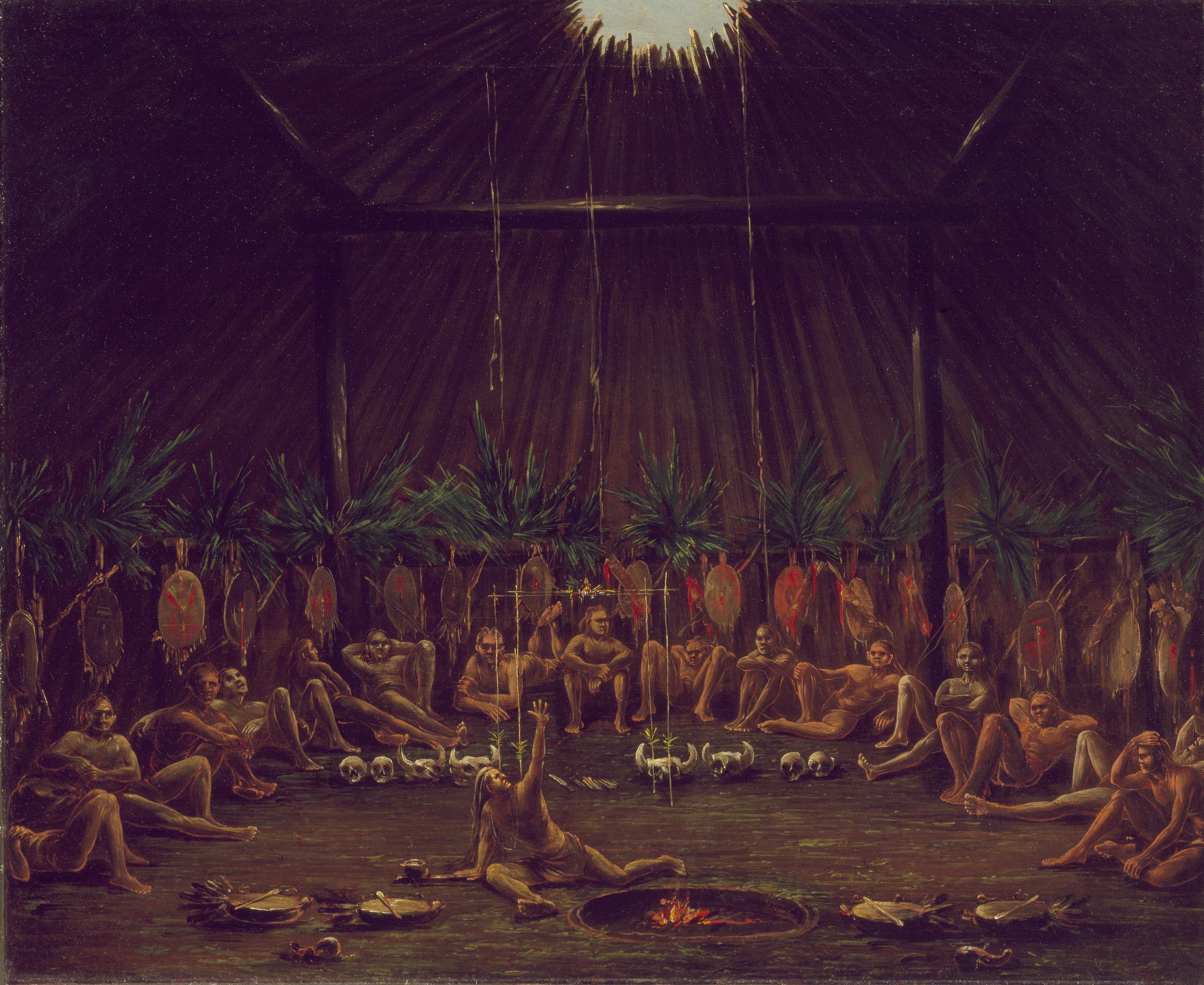 George Catlin, Interior View of the Medicine Lodge, Mandan O-kee-pa Ceremony
