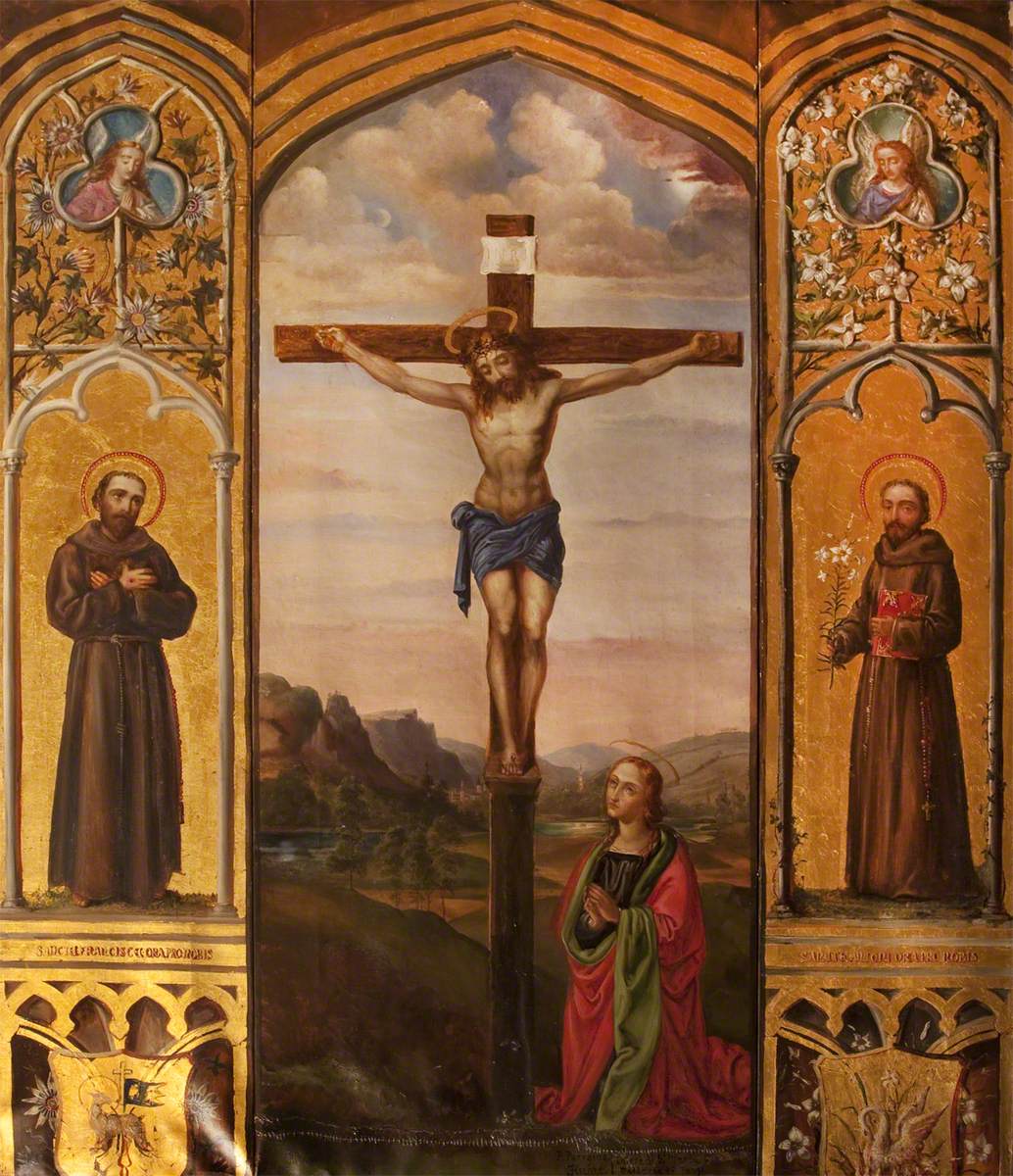Rebecca Dulcibella Orpen, Triptych with Christ crucified with Saint Mary Magdalen (after Pietro Perugino), and Saint Francis and Saint Anthony of Padua