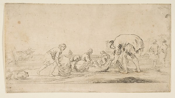 Stefano della Bella, A fisherman bringing in his nets, a man at left pushing a bale to the right, two seated figures mending nets, and two figures at right seen from the back