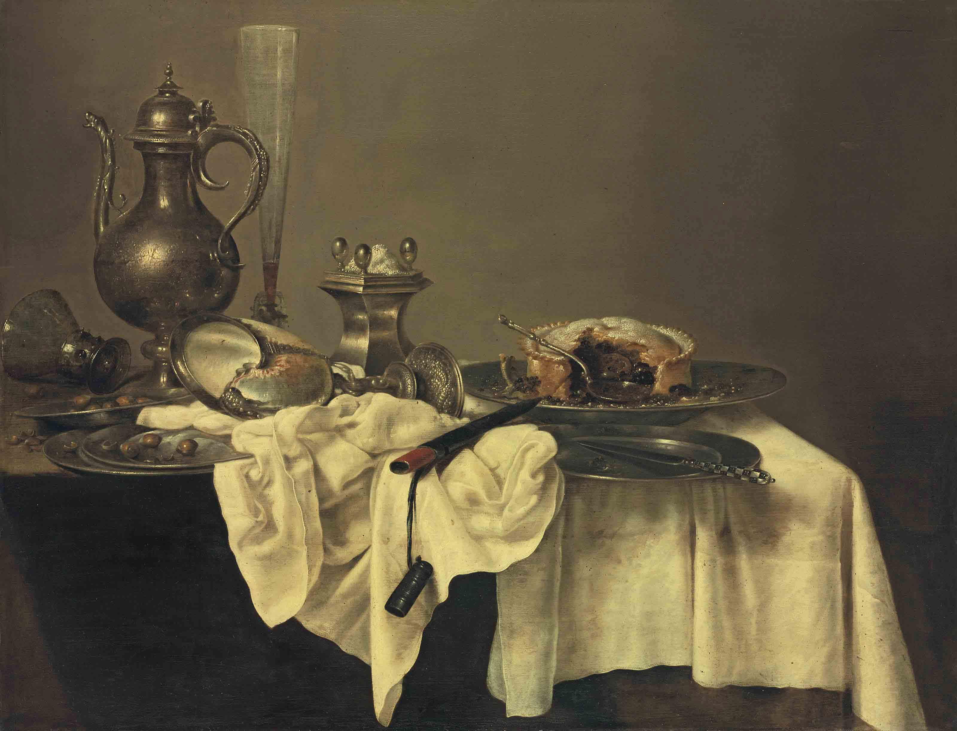 Willem Claesz. Heda, Still life with blackberry pie, nautilus cup, salt-cellar, façon- de-Venise, ewer, roemer, hazelnuts, knife and case on a partly-draped table