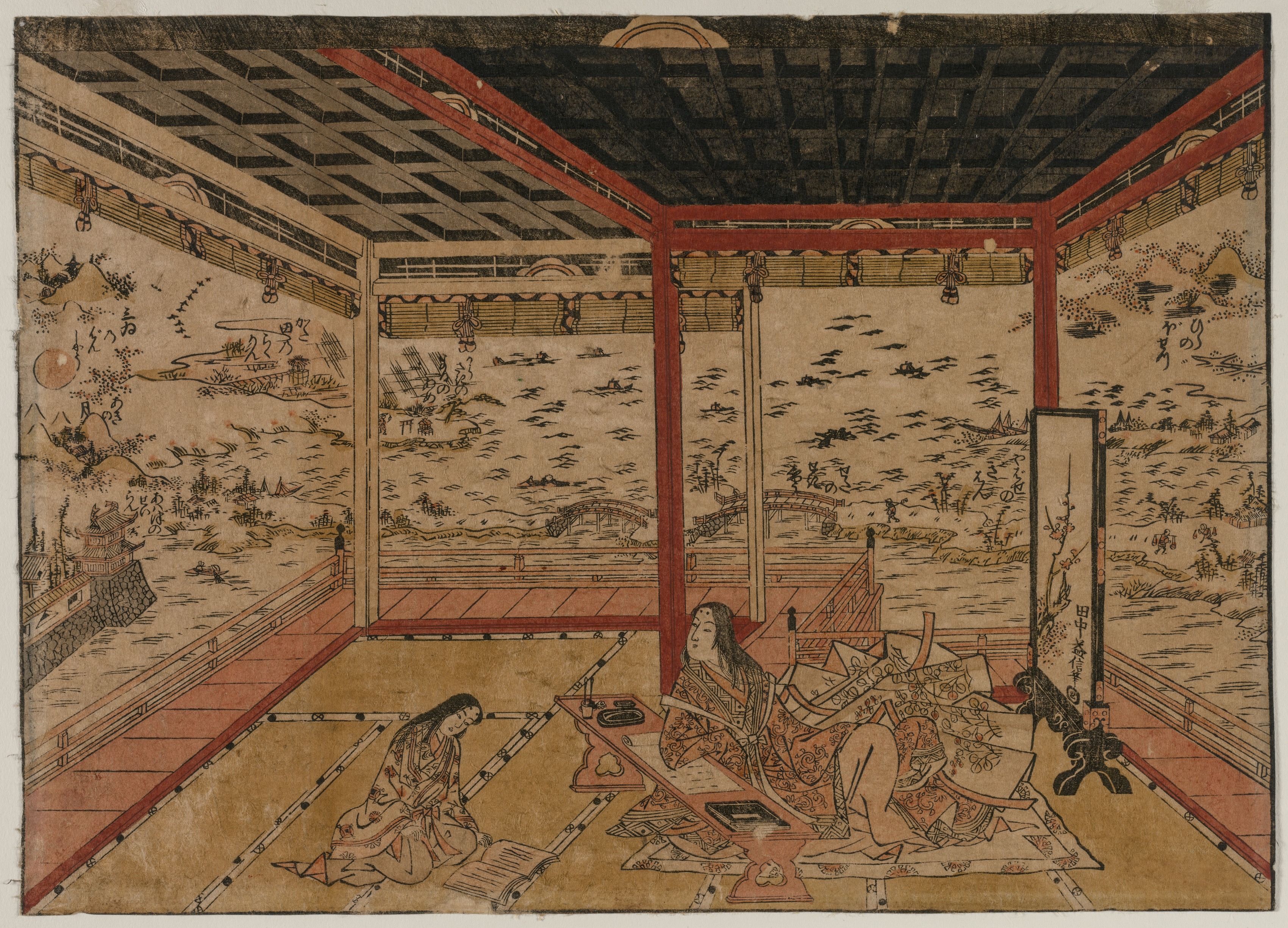 Okumura Masanobu, Lady Murasaki at Ishiyama Overlooking a Panorama with Eight Views of Lake Biwa