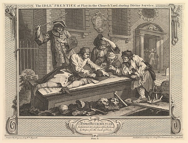 William Hogarth, The Idle 'Prentice at Play in the Churchyard: Industry and Idleness, plate 3