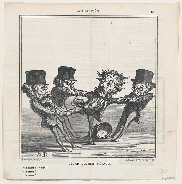 Honoré Daumier, The quartering reinstated: Give me your vote! To me! No, to me!, from 'News of the day,' published in Le Charivari, May 8, 1869