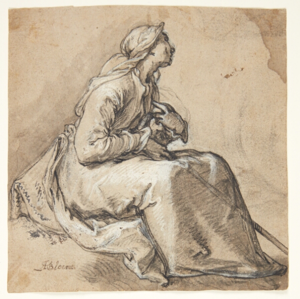 Abraham Bloemaert, En siddende kvinde vendt mod højre, i en bønligt ydmyg stilling