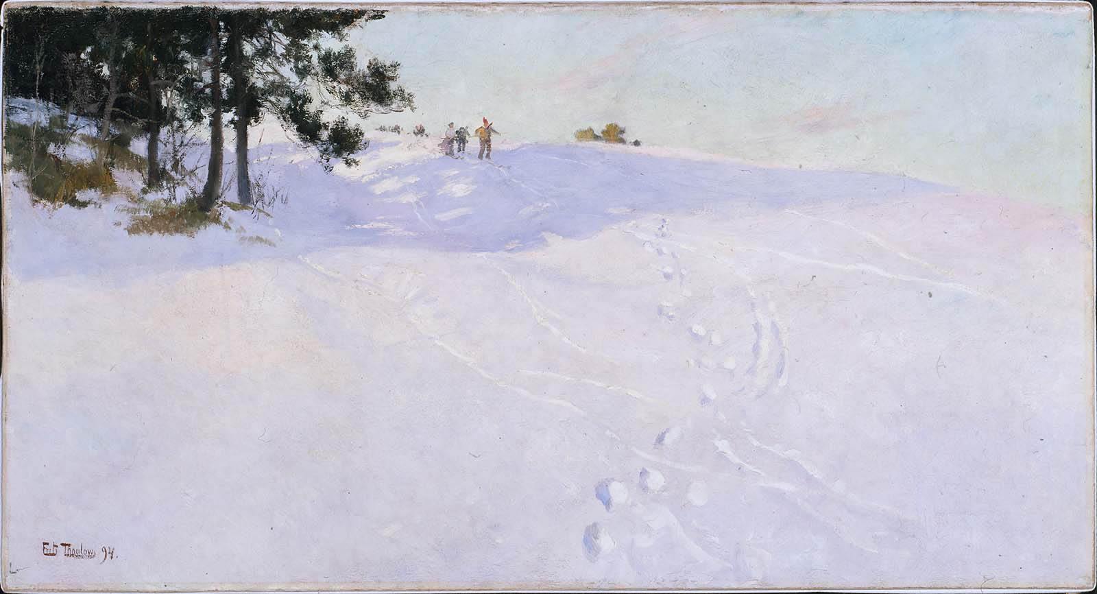 Frits Thaulow, Skiers at the Top of a Snow-covered Hill