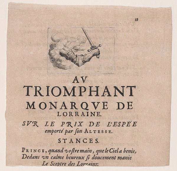 Jacques Callot, Arm Emerging from a Cloud Holding a Sword, from "Le Combat a la Barrière"