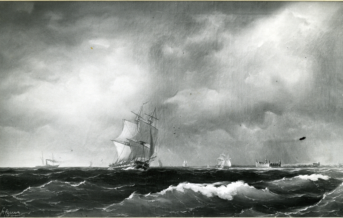Okänd fotograf, Fregatt i Öresund. Oljemålning 1850. Storlek 62 x 99,5 cm.