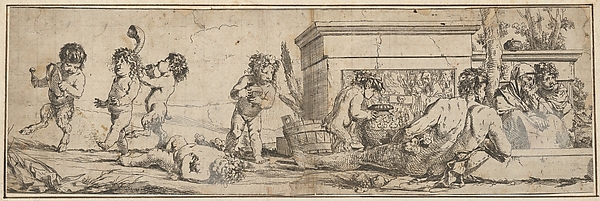 Giulio Carpioni, Bacchanal with infant satyrs and putti at left, a naked male figure reclines in front of a pedestal carved in bas-relief, two clothed figures look toward the right