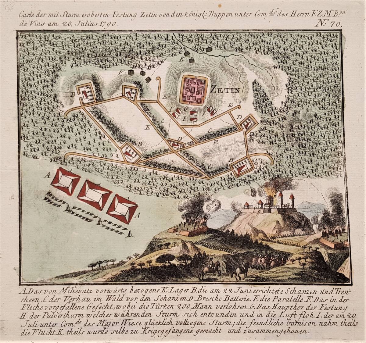 Anonym, Karte der Eroberung der türkischen Festung Cetin durch kaiserliche Truppen am 20. Juli 1790