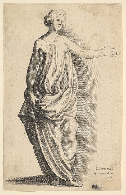 Wenceslaus Hollar, Standing female figure in loose classical robe, with arm outstretched