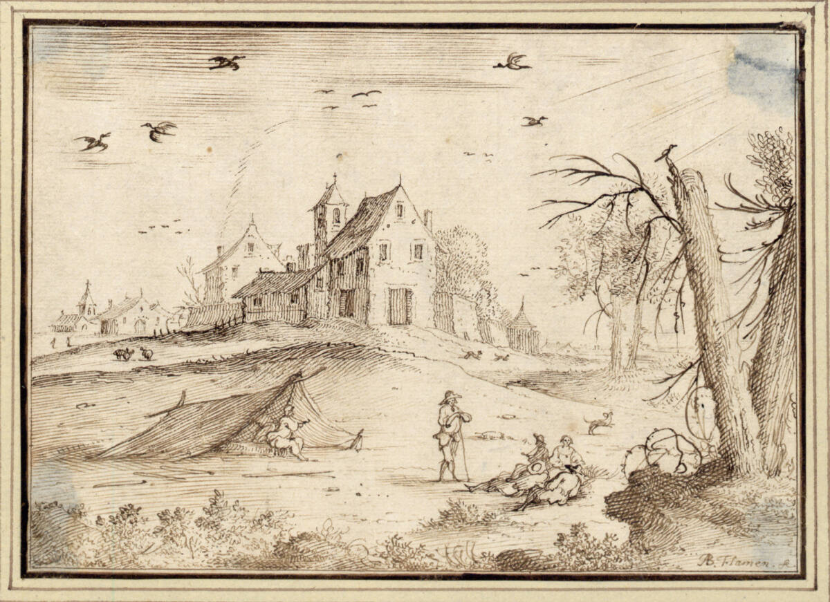AlbertFlamen, Landschaft mit Häusern und ruhender Gesellschaft vor einem Zelt (II-18)