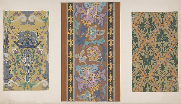 Jules-Edmond-Charles Lachaise, Three designs for wallpaper featuring strapwork, rinceaux, and fleurs-de-lis