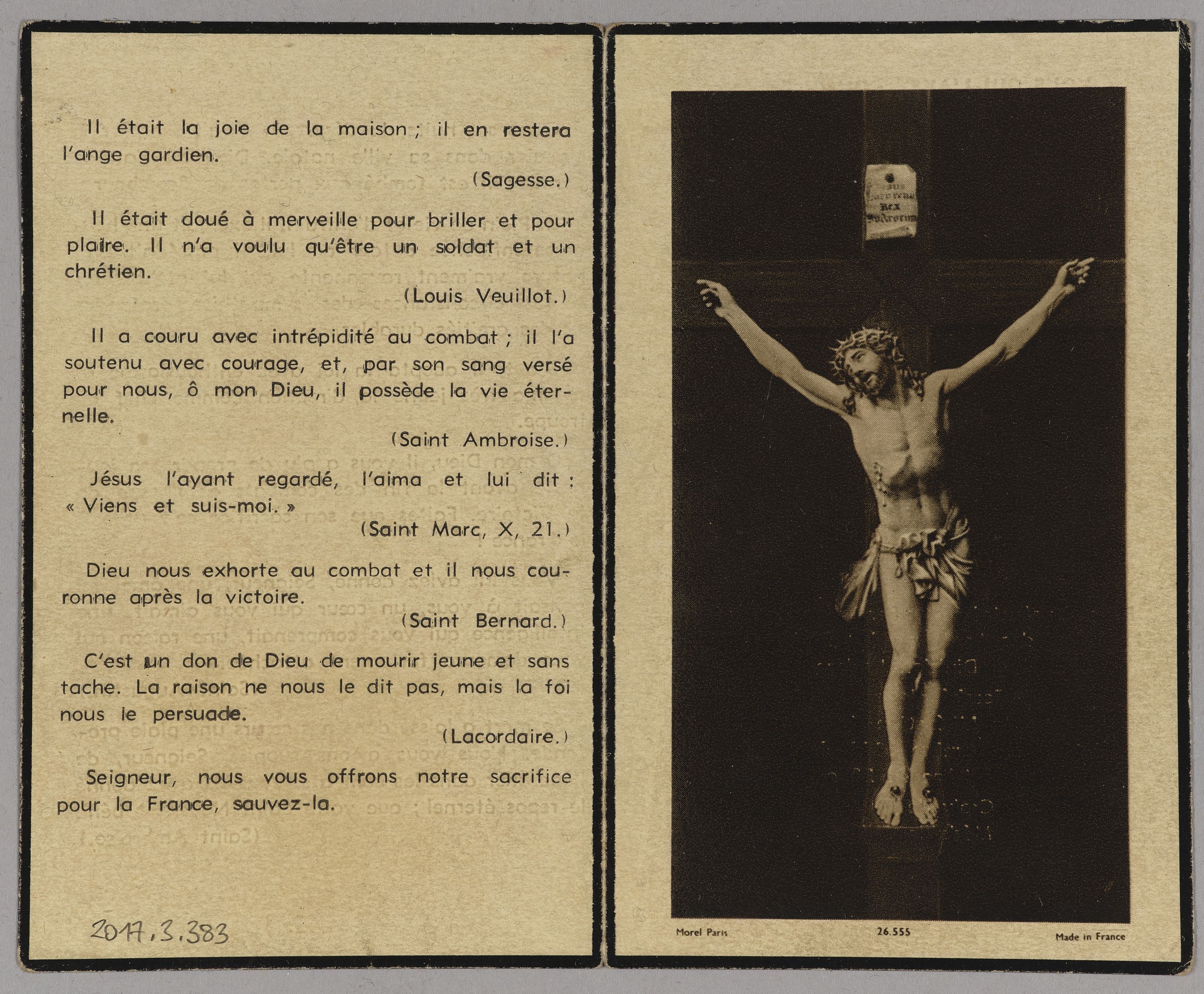 Unknown artist, Faire-part de décès de Jean-Noël Beyler - Engagé volontaire aux Forces Françaises Libres, Mal des logis au 1er Spahis Marocains, Division Leclerc