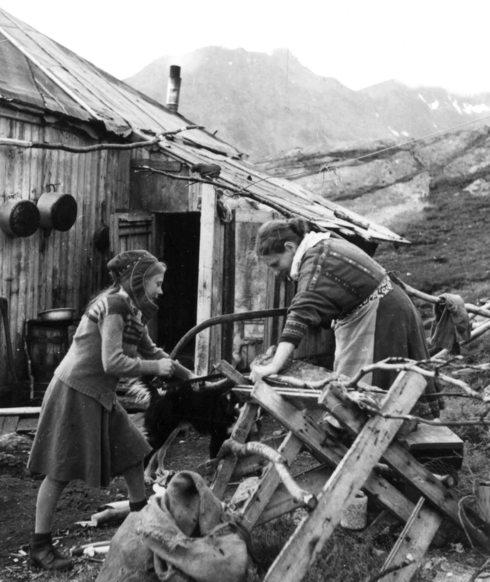 Virginia Raymond Davidson, To kvinner sager ved utenfor et hus, Seiland 1959.