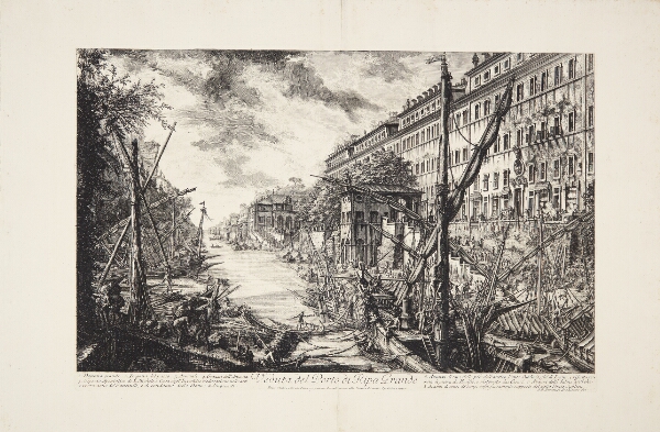 Giovanni Battista Piranesi, Udsigt over havnen ved Ripa Grande, Rom, med kajerne, toldhuset, arsenalet og mange pramme
