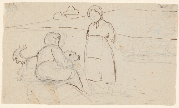 P.C. Skovgaard, Siddende dreng med hund og stående pige i et landskab.