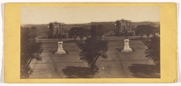 Unknown, [View of a French park, statue and large building in background]