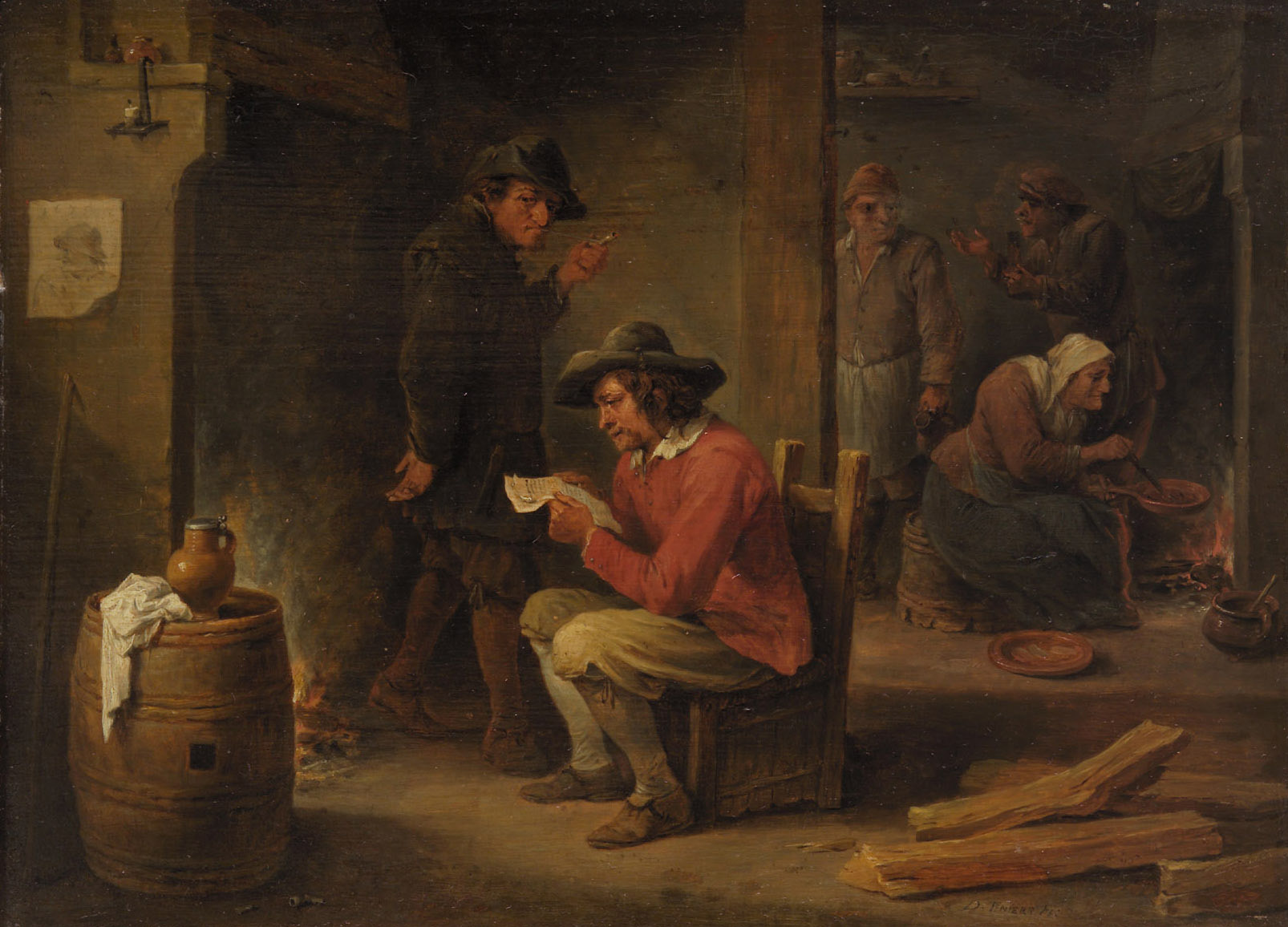 David Teniers the Younger, Farm interior with newspaper reader