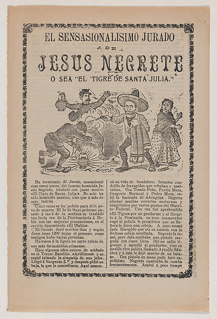 José Guadalupe Posada, Broadsheet relating to the sensational trial of Jesus Negrete 'El tigre de Santa Julia' on account of a shootout with police in 1906, description in the bottom section