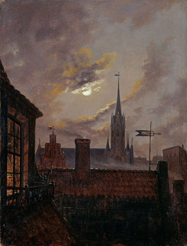 Carl Gustav Carus, Deutscher Mondschein (Blick über Dächer auf eine gotische Kirche im Mondschein)