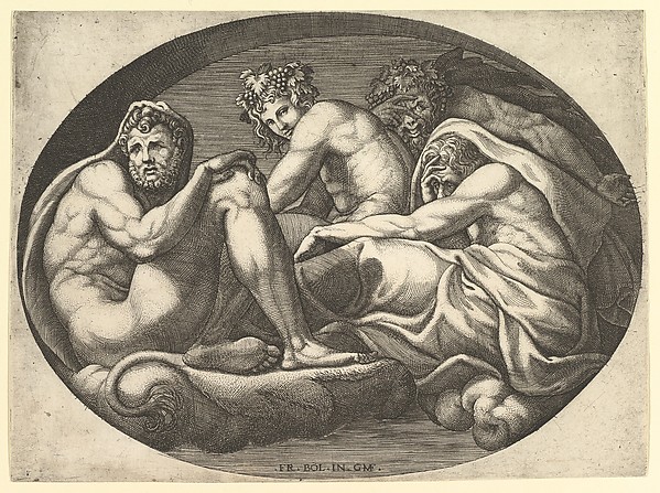 Giorgio Ghisi, Hercules, Bacchus, Pan, and Saturn, from a series of eight compositions after Francesco Primaticcio's designs for the ceiling of the Ulysses Gallery (destroyed 1738–39) at Fontainebleau