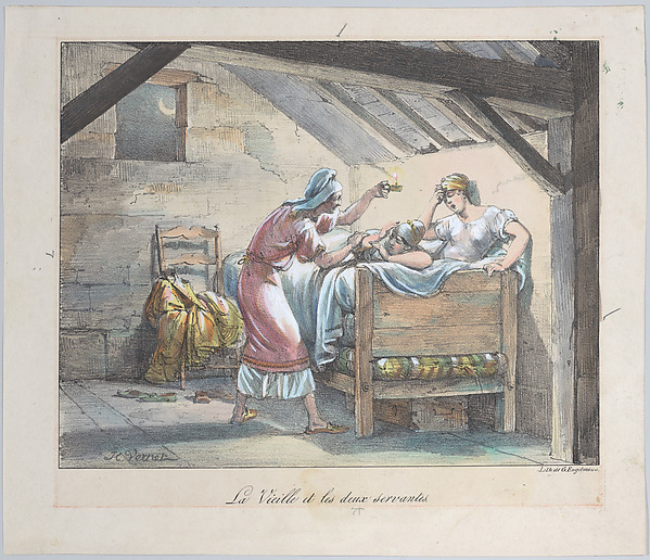 Horace Vernet, The Old Woman and the Two Maids, plate 118 from "Fables choisies de La Fontaine ornées de figures lithographiques..."