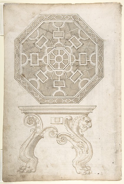 Anonymous, Italian, 16th century, Design for an Octagonal Table and Top (recto); Design for Altar or Tomb Monument (verso)