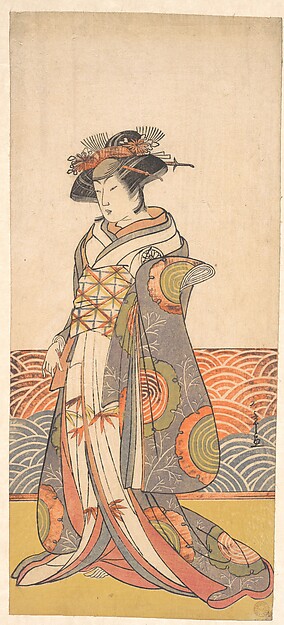 Katsukawa Shunshō　勝川春章, The Third Segawa Kikunojo as a Woman Standing in a Room Having a Wave-pattern Dado