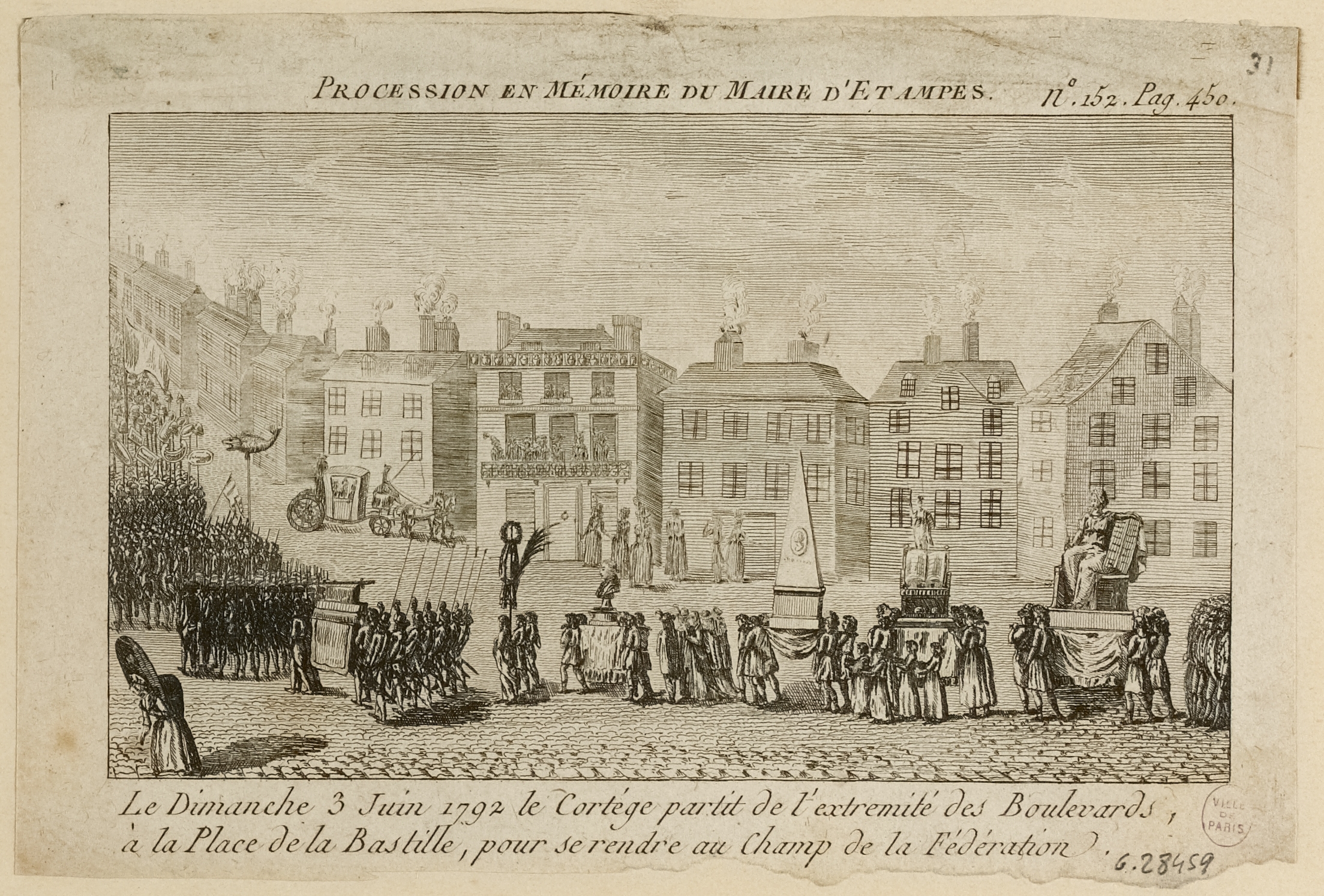 Anonyme, Révolution française : Fête de la Loi en l'honneur de Simoneau, maire d'Etampes. 3 juin 1792. nº152, p.450 du journal "Révolutions de Paris" de Prud'homme