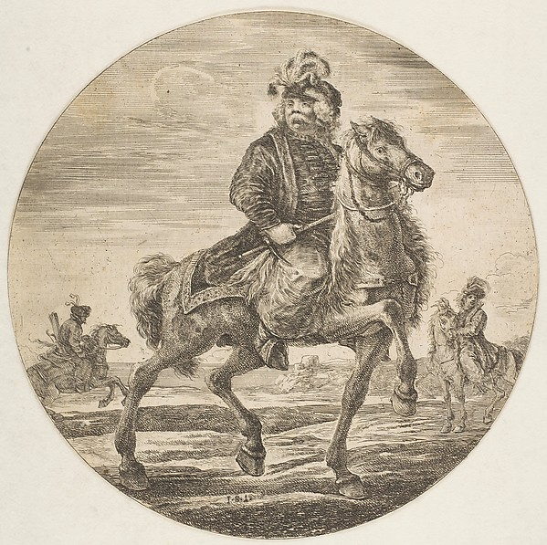 Stefano della Bella, Hungarian horseman riding towards the right, other horsemen in the background, a circular composition from "Figures on Horseback (Cavaliers nègres, polonais et hongrois)